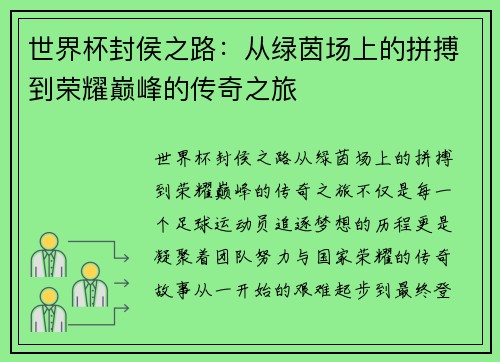世界杯封侯之路：从绿茵场上的拼搏到荣耀巅峰的传奇之旅