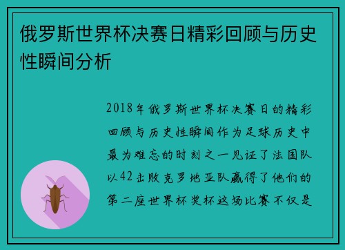 俄罗斯世界杯决赛日精彩回顾与历史性瞬间分析