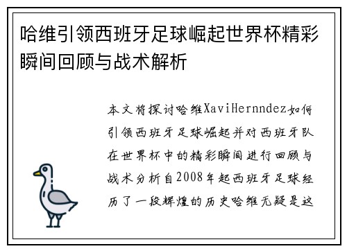 哈维引领西班牙足球崛起世界杯精彩瞬间回顾与战术解析