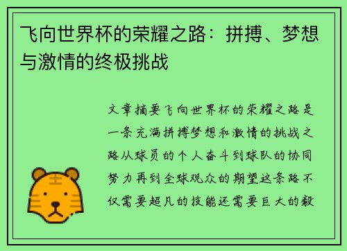 飞向世界杯的荣耀之路：拼搏、梦想与激情的终极挑战